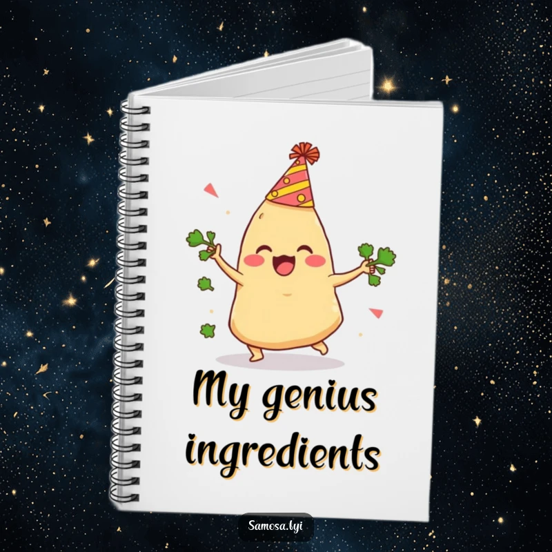Funny Samosa Notebook depicts a delighted samosa with a party hat comically tripping while juggling cilantro, ideal for humorous note-taking.