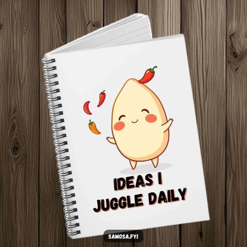 Funny Samosa Notebook: Blank pages for notes, featuring a smiling Indian snack juggling chili peppers, encouraging creative and humorous writing.