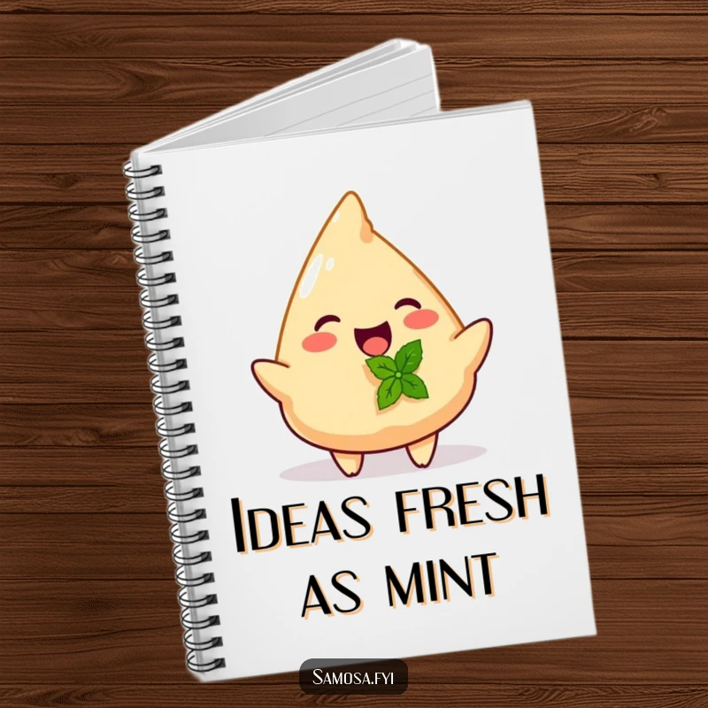Funny notebook cover with a joyful samosa offering a tiny mint leaf, perfect for notes and recipes.
