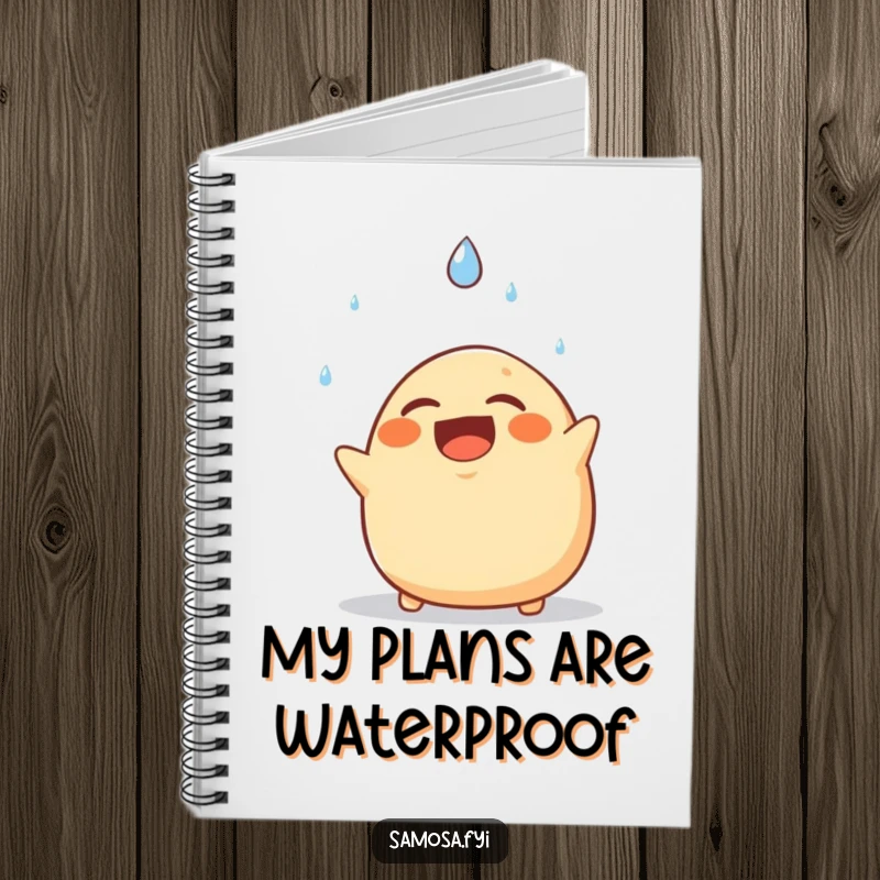 Funny notebook with a cover showing a laughing samosa comically dodging a falling raindrop, perfect for notes and creative thoughts.