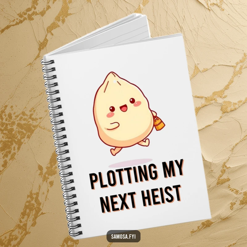 Funny notebook with a cover showing a samosa joyfully skipping with a small bag, perfect for notes and happy thoughts.