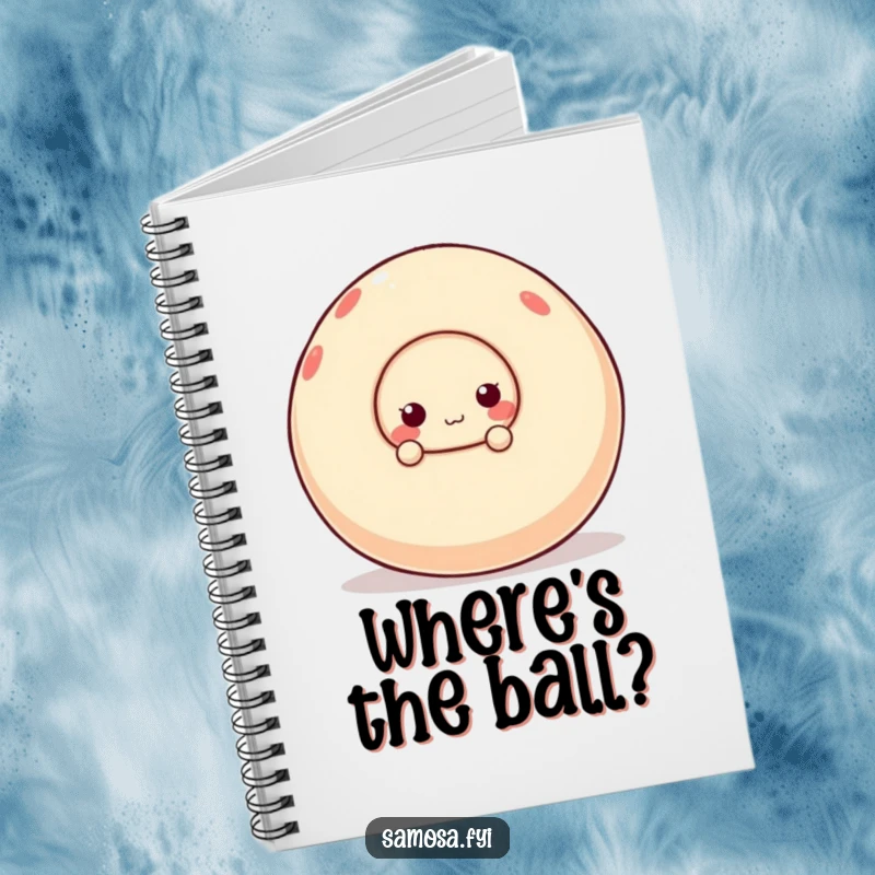 Funny notebook with a cute samosa character peeking from behind a large, wobbly ball, ideal for notes and doodles.