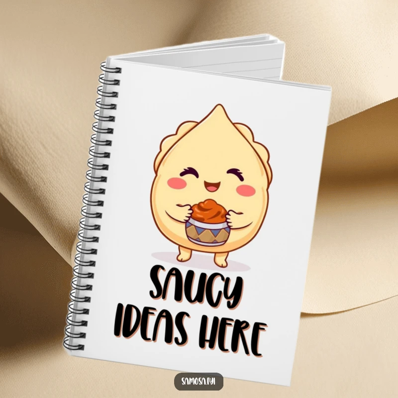 Funny Samosa Notebook shows a winking samosa character holding a chutney pot, suitable for jotting down tasty ideas.