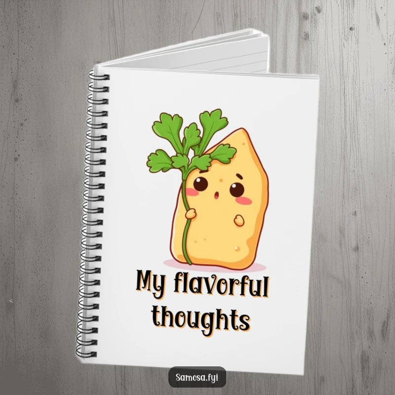 Funny notebook with a surprised samosa peeking coyly from behind a coriander leaf, perfect for capturing witty thoughts.