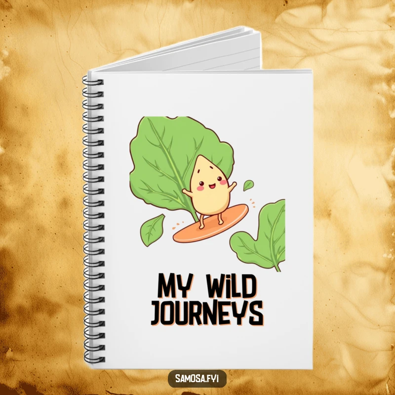 Funny notebook cover featuring a happy samosa with tiny legs surfing on a giant spinach leaf, ready to capture exciting ideas.