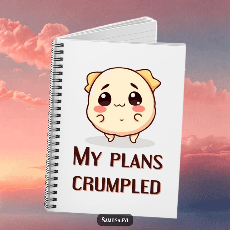 Funny Notebook with a smiling samosa character comically tripping over its edges, full of surprise and charm.
