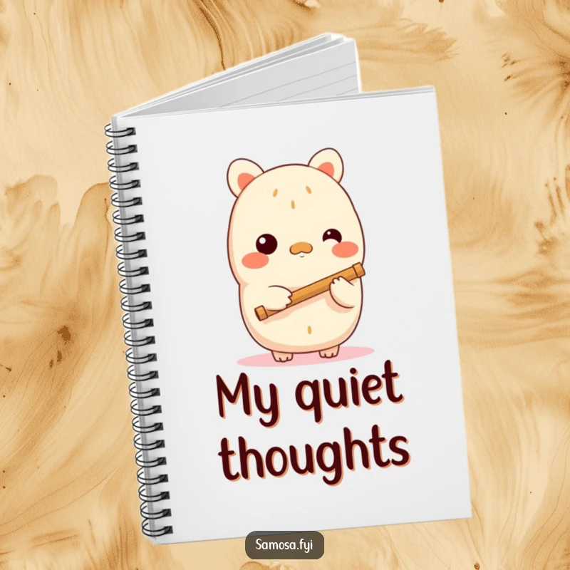 Funny samosa notebook featuring a shy samosa character holding a tiny flute, ideal for jotting down notes with a quiet, musical charm, a useful gift.