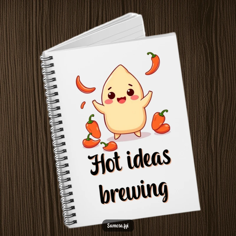 Funny notebook with a smiling samosa juggling tiny chili peppers, perfect for jotting down notes with a spicy, humorous twist.
