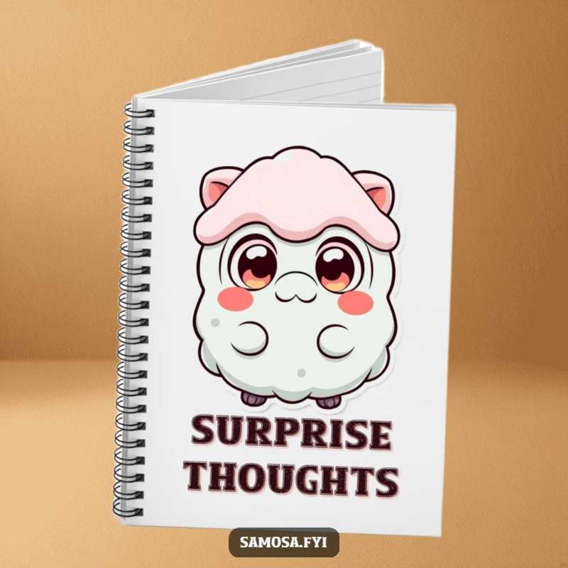 Funny Surprised Samosa Notebook showcasing a samosa character with wide, expressive eyes, ready to record your most surprising thoughts humorously.