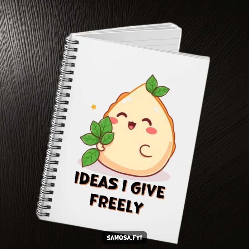 Funny Samosa Notebook featuring a happy samosa offering a mint leaf, ideal for notes and a funny gift.