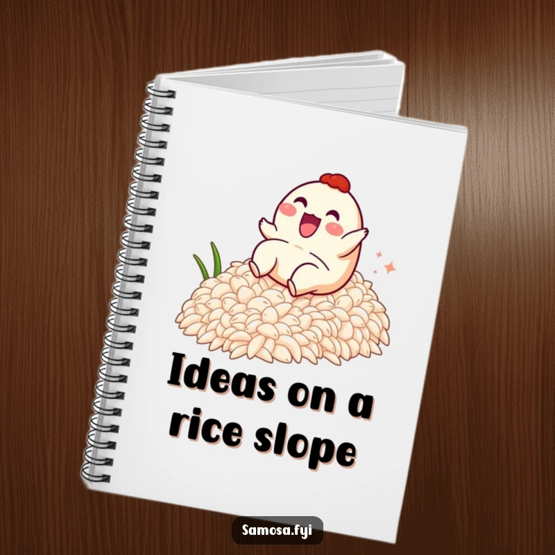 Funny notebook featuring a samosa character having a thrilling slide down a slope of rice, inspiring fun and creativity.