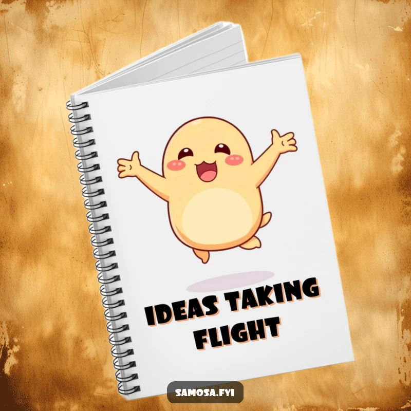 Funny notebook with a happy samosa hopping with arms out, perfect for jotting down notes with a dose of culinary cheer.