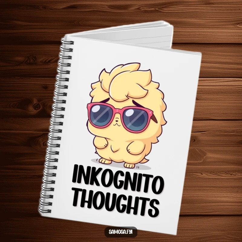 Funny Notebook featuring a samosa character in sunglasses, shrugging innocently, a cool companion for notes.