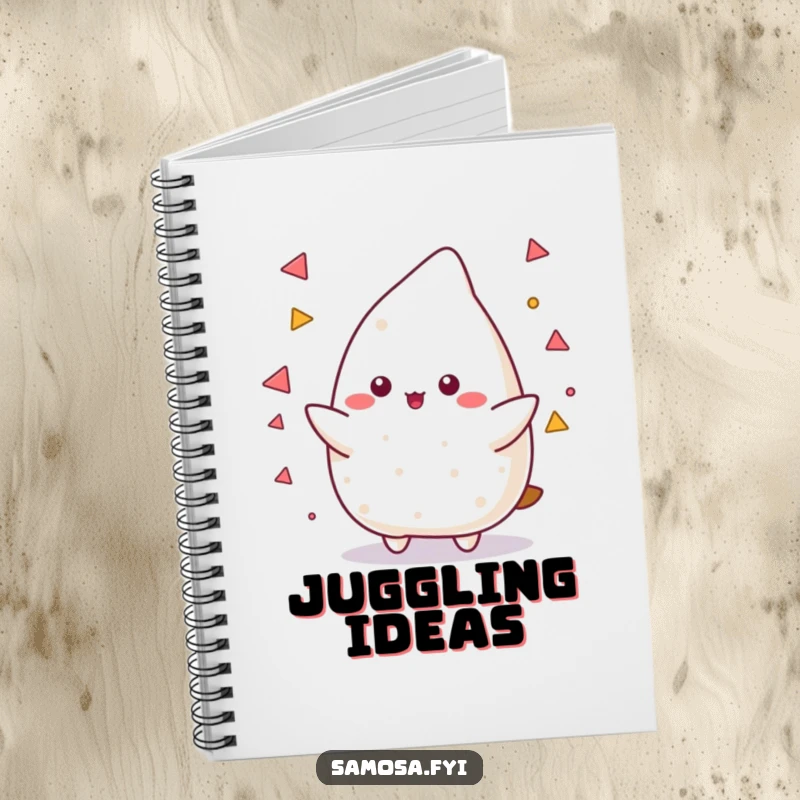 Funny Samosa Notebook showcasing a samosa character juggling small triangular shapes, ready to help you organize your most complex thoughts humorously.