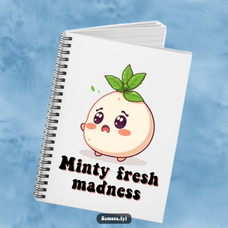 Funny Samosa Notebook shows a surprised samosa character with wide eyes reacting to a mint leaf, ideal for capturing ideas.