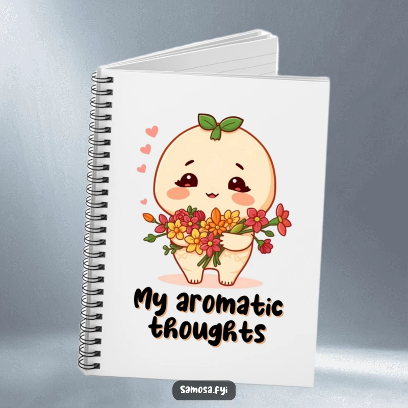 Funny samosa notebook featuring a blushing character holding a bouquet of spice flowers, perfect for jotting down warm thoughts and reflections.