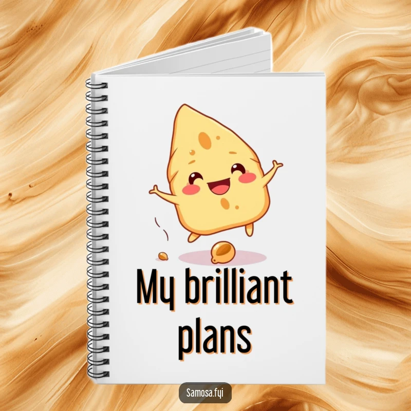 Funny Samosa Notebook depicts a cheerful samosa grinning while playfully dodging a falling chickpea, ideal for humorous note-taking.