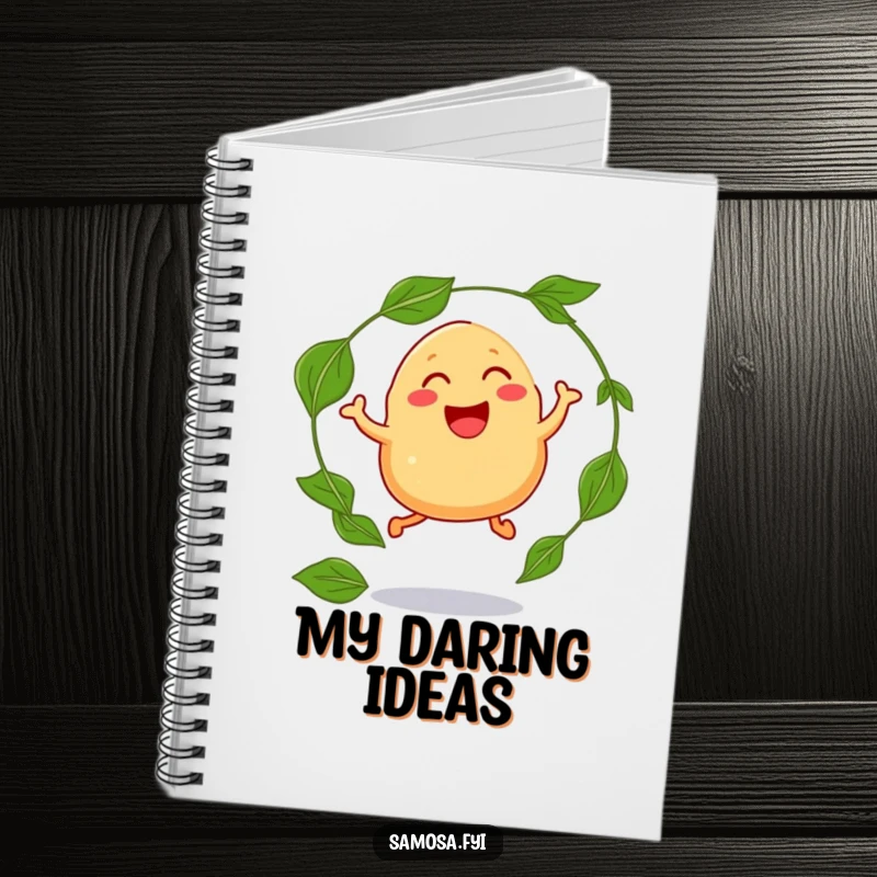 Funny notebook cover featuring a laughing samosa with legs jumping through a hoop of curry leaves, ready to capture exciting ideas.