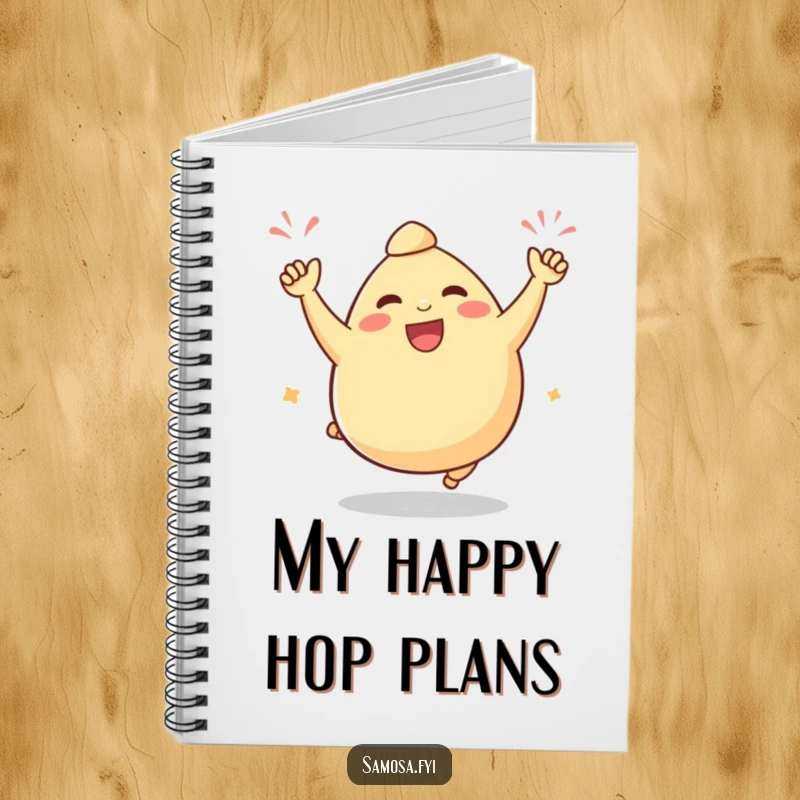 Funny samosa notebook with a plump samosa character doing a victorious celebratory hop, ready for notes.