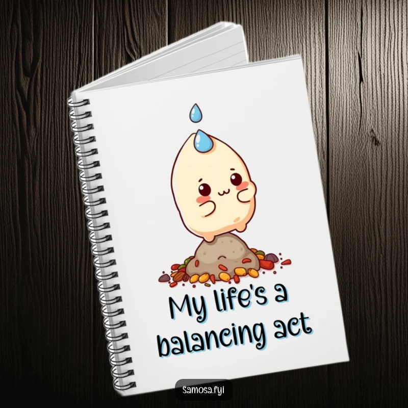 Funny samosa character sweating and balancing on a small pile of spices, on the cover of a notebook.