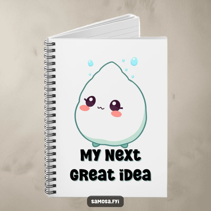Funny Notebook with a samosa character having wide eyes, looking up at a falling sprinkle, perfect for curious minds.