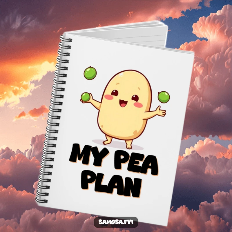 Funny notebook featuring a happy samosa character juggling three small peas, ideal for notes and creative brainstorming.