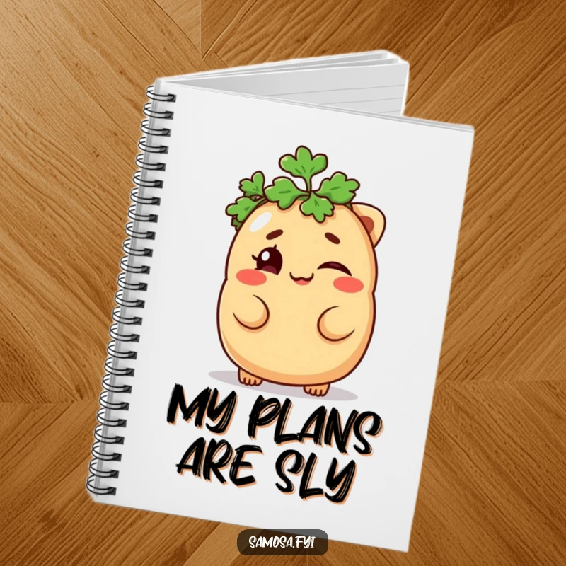 Funny Samosa Notebook featuring a mischievous samosa winking with a parsley hat, ideal for notes and a funny gift.