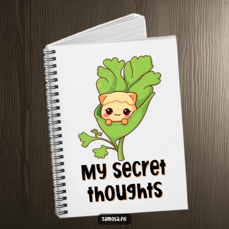 Funny Notebook: A shy samosa character peeks from a coriander leaf, perfect for gentle notes and ideas.