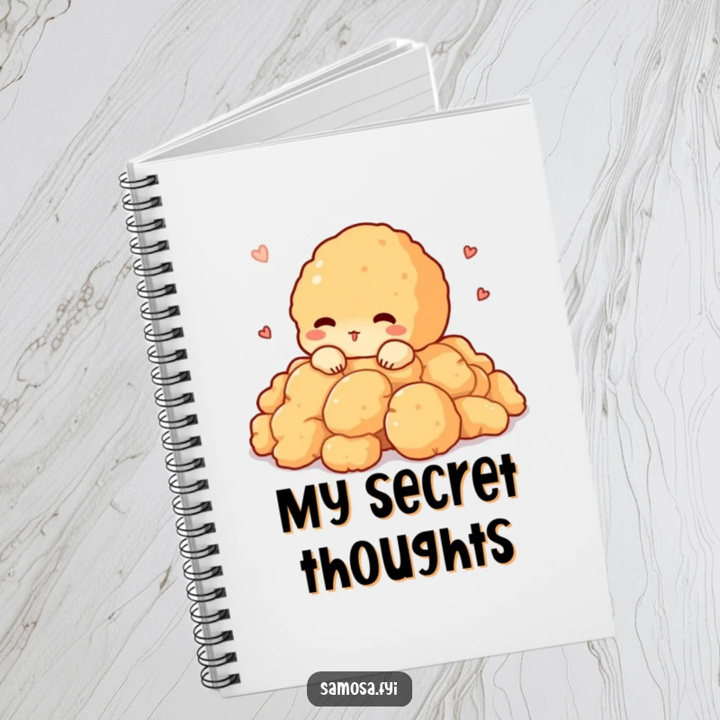 Funny notebook cover featuring a shy pakora character peeking out from a pile of crispy batter, ready for notes.