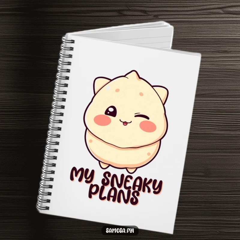 Funny notebook with a cover showing a samosa comically winking with a playful grin, perfect for notes and witty ideas.