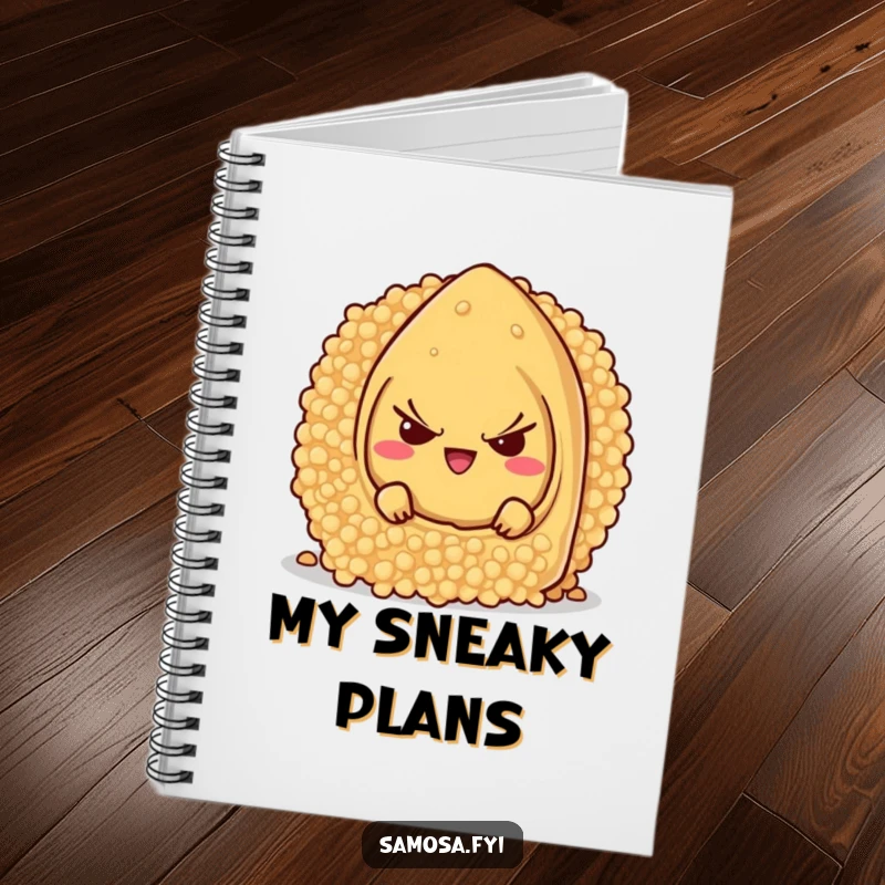 Funny samosa character with a mischievous grin, hiding behind a giant couscous grain, on the cover of a notebook.