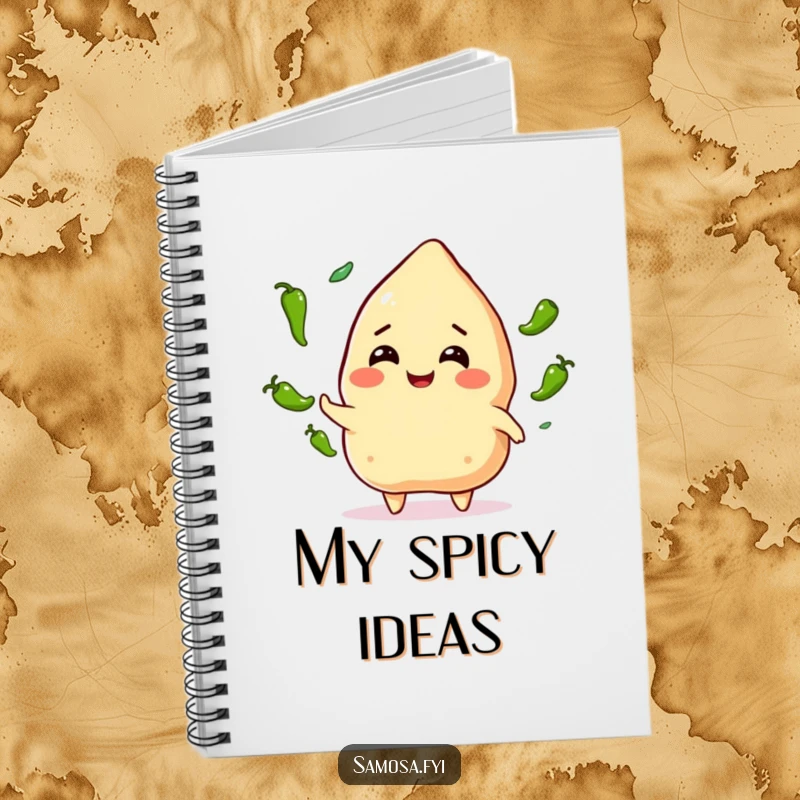 Funny Samosa Juggling Notebook: A smiling samosa character expertly juggling green chili peppers, perfect for noting down thoughts with spicy inspiration.