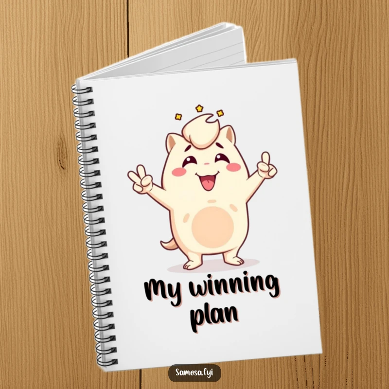 Funny samosa notebook featuring a triumphant samosa character in a victory pose, ideal for jotting down achievements with humorous celebration, a useful gift.