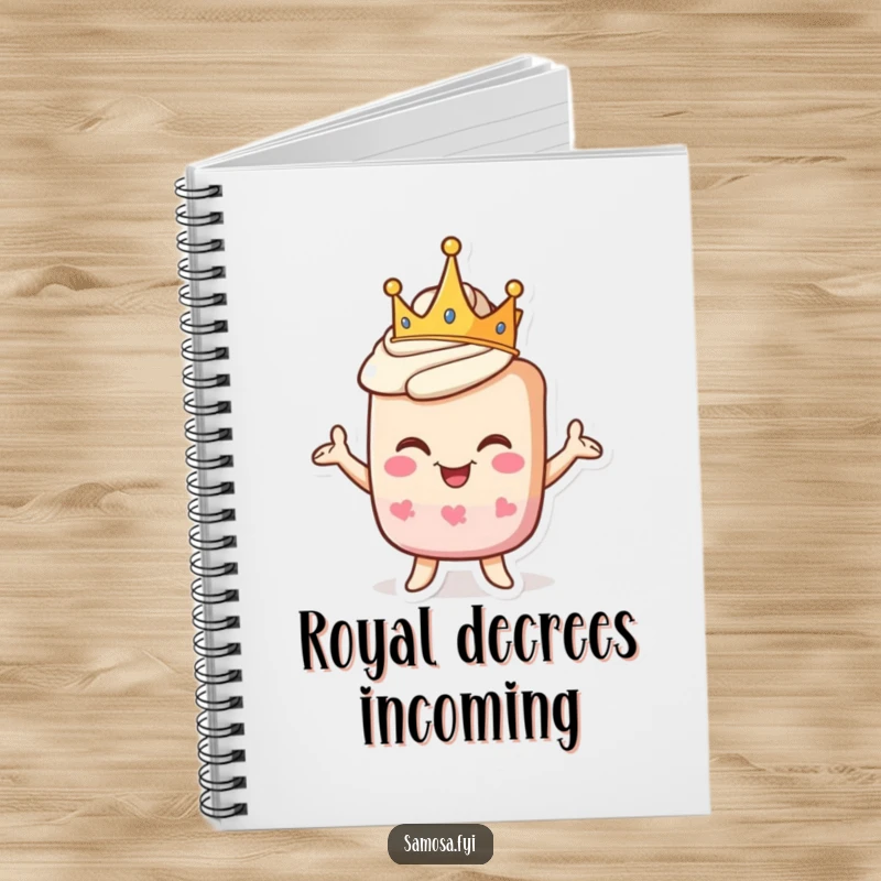 Funny notebook featuring a crowned pastry character striking a proud, goofy pose, perfect for jotting down regal ideas.
