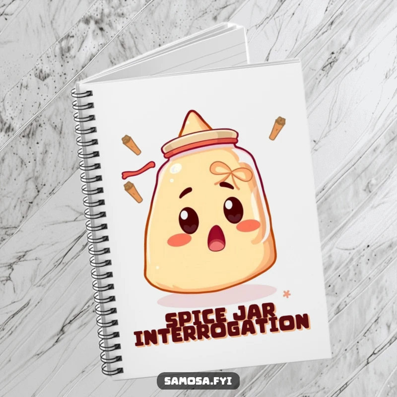 Funny notebook cover with a surprised samosa wide-eyed at a floating spice jar, perfect for jotting down funny thoughts and ideas.