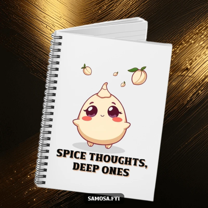 Funny notebook featuring a samosa character with wide eyes staring up at a falling cardamom pod, inspiring surprise and creativity.