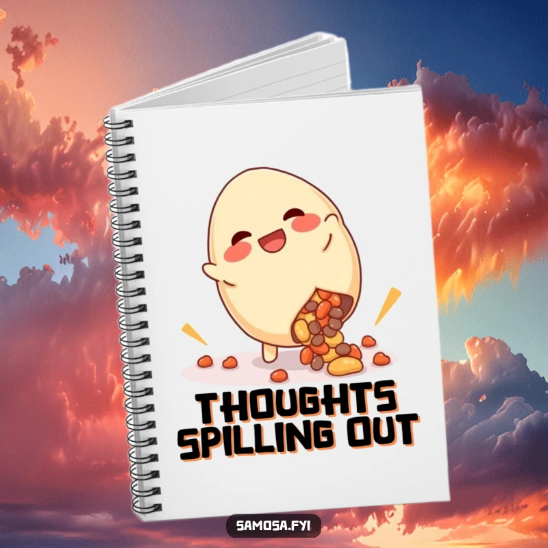 Funny notebook with a giggling samosa doing a cartwheel with filling spilling out, perfect for jotting down notes with humorous flair.