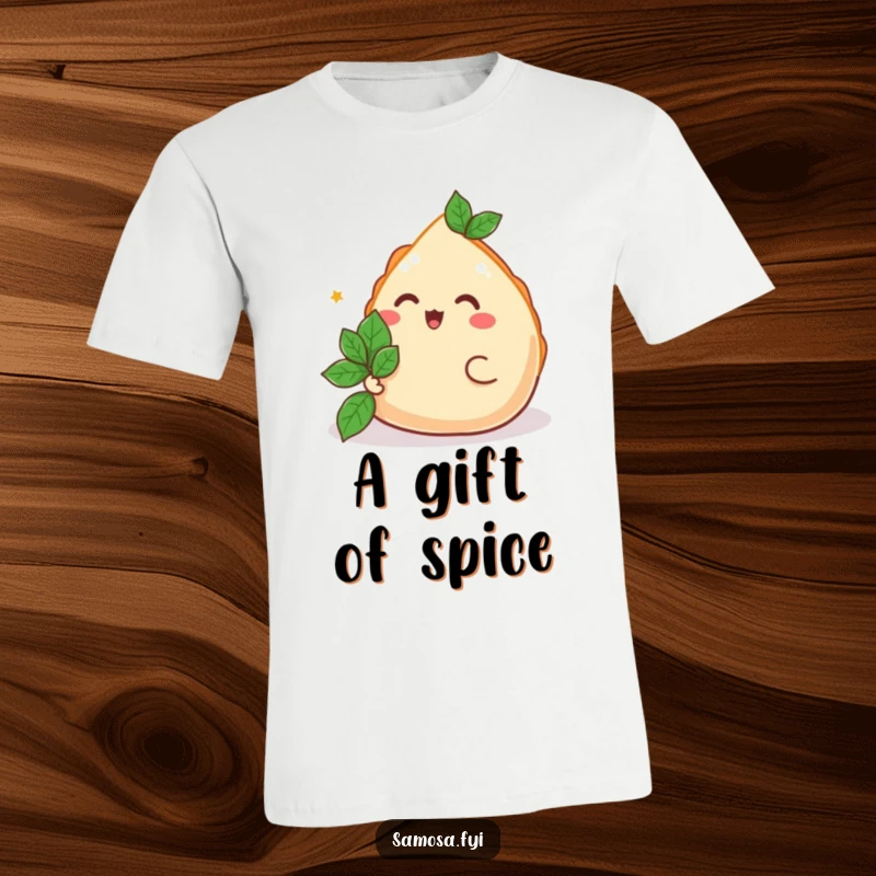 Funny Samosa T-Shirt featuring a happy samosa offering a tiny mint leaf, a cheerful and funny gift.