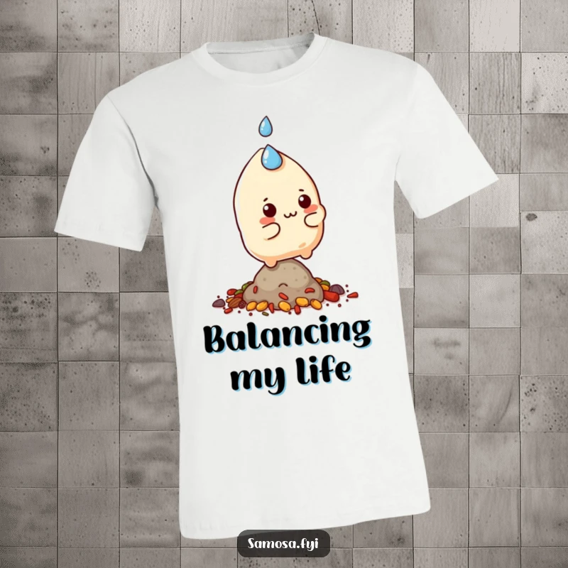 Funny samosa character with a sweat drop, trying to balance on a small pile of spices, printed on a t-shirt.