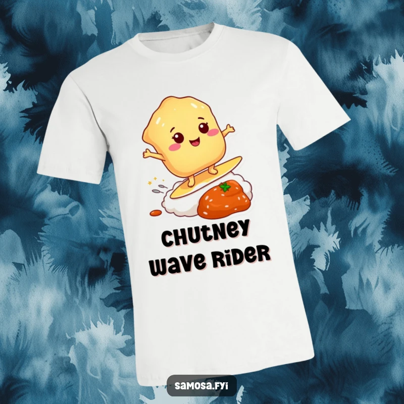 Funny t-shirt with a smiling pastry surfing a chutney dollop, showing pure joy and daring.