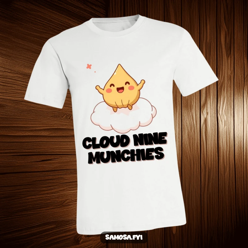Funny T-Shirt with a delighted samosa joyfully bouncing on a puff pastry cloud, a symbol of carefree happiness.