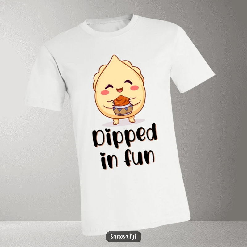 Funny Winking Samosa T-Shirt depicts a cheeky samosa character giving a wink while presenting a tiny chutney pot.