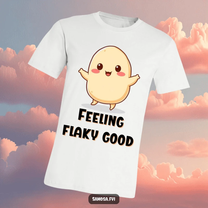 Funny T-Shirt depicting a cheerful samosa with tiny sesame seed eyes, humorously doing a joyful jig, full of energy and flavor.