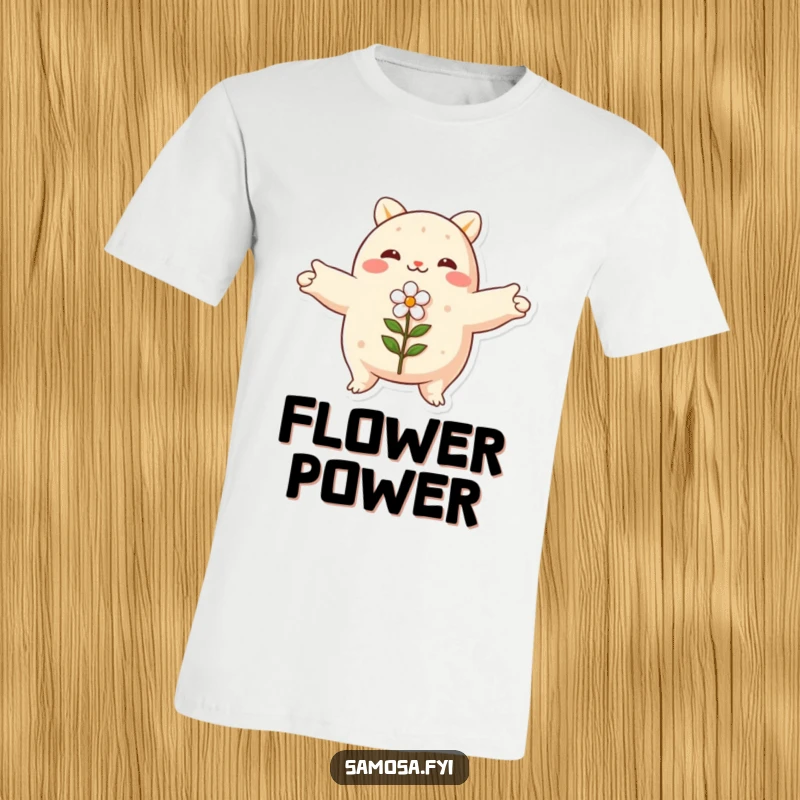Funny samosa t-shirt, arms spread wide, embracing a small flower, peaceful nature humor, excellent gift.