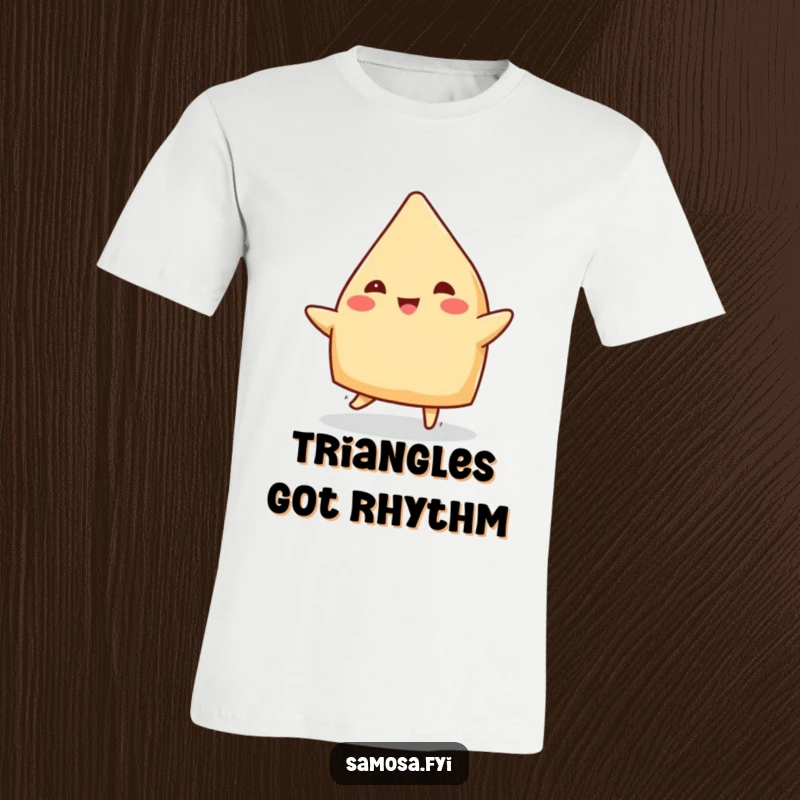 Funny Samosa T-Shirt: A humorous tee featuring a happy samosa doing a little jig, showcasing its triangular edges with glee.