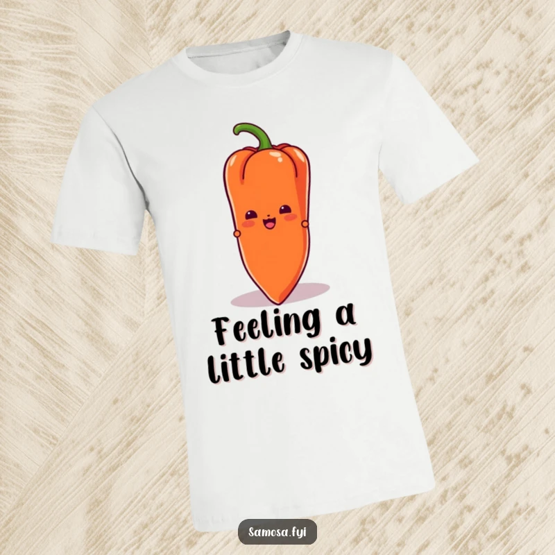 Funny Samosa T-Shirt showcasing a samosa character peeking playfully from behind a giant chili pepper, suggesting a hidden secret.
