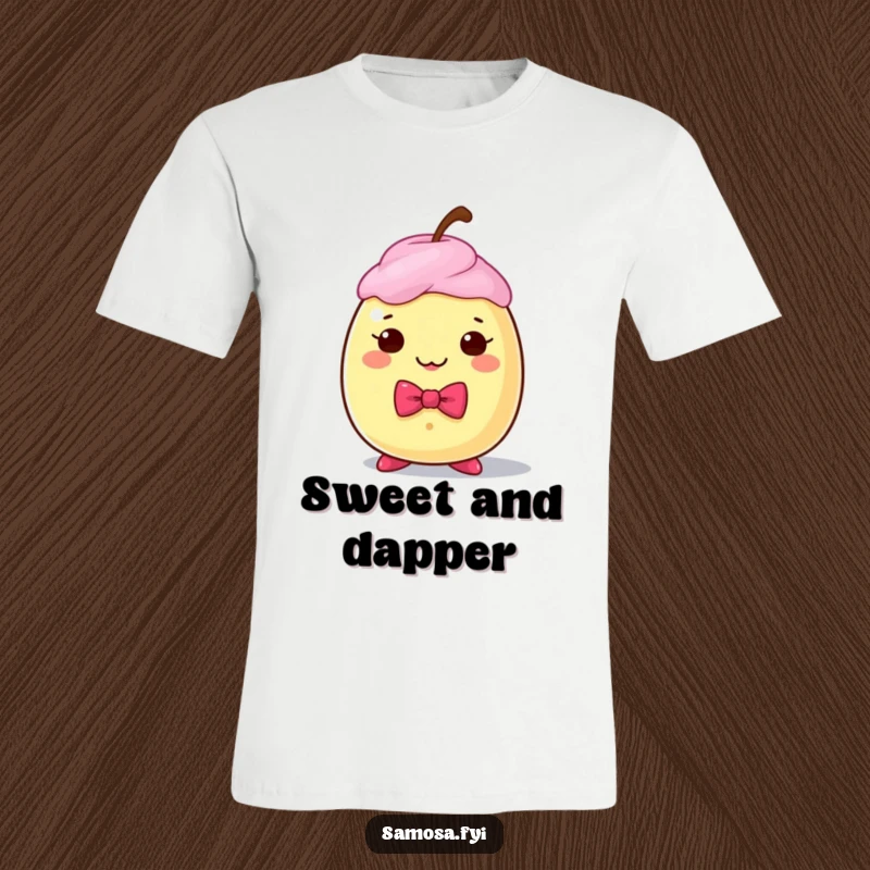 Funny dapper gulab jamun character in a bow tie, printed on a t-shirt, representing sweet sophistication and humor.