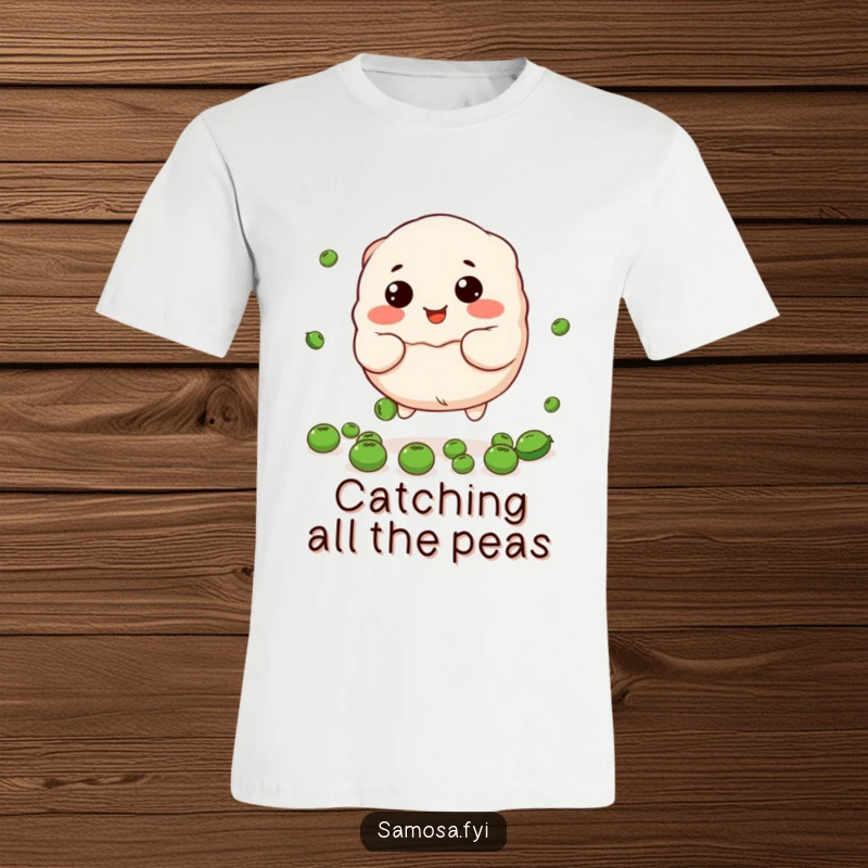 Funny dumpling t-shirt showing the stuffed character trying to catch falling peas, cute and humorous.