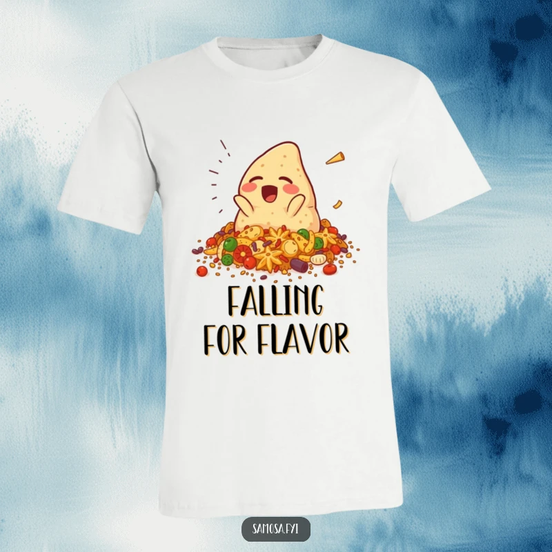 Funny samosa t-shirt depicting a giggling samosa character comically falling into spices, showcasing a humorous and chaotic moment, an apparel gift.