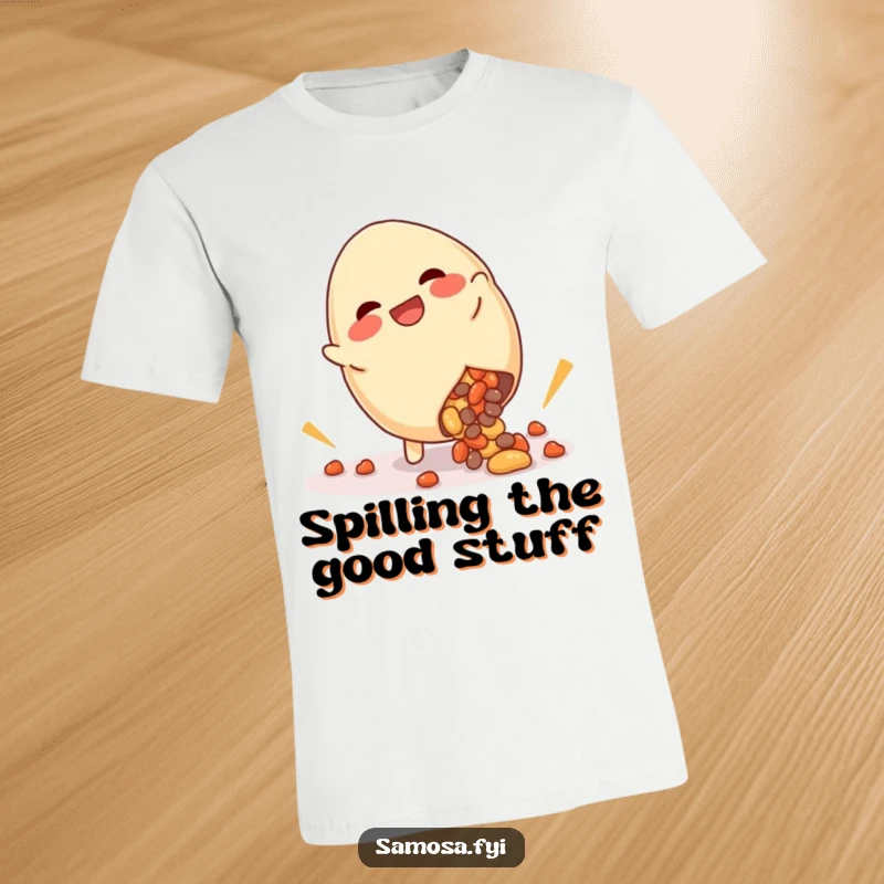 Funny t-shirt of a giggling samosa doing a cartwheel with filling spilling humorously, celebrating messy, joyful moments.